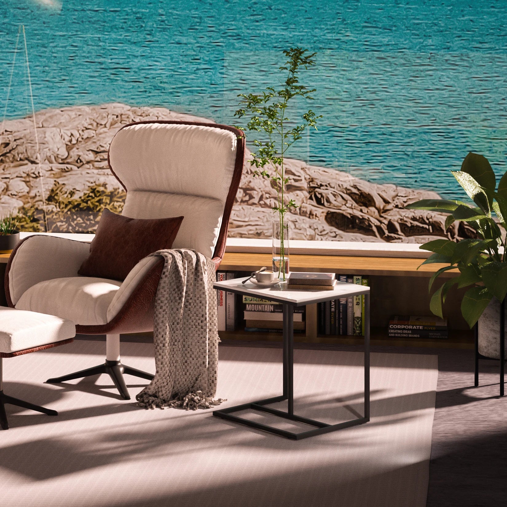 Modern C-Shaped Sofa Side Table with Durable Sintered Stone Top - Black & White Accent Table