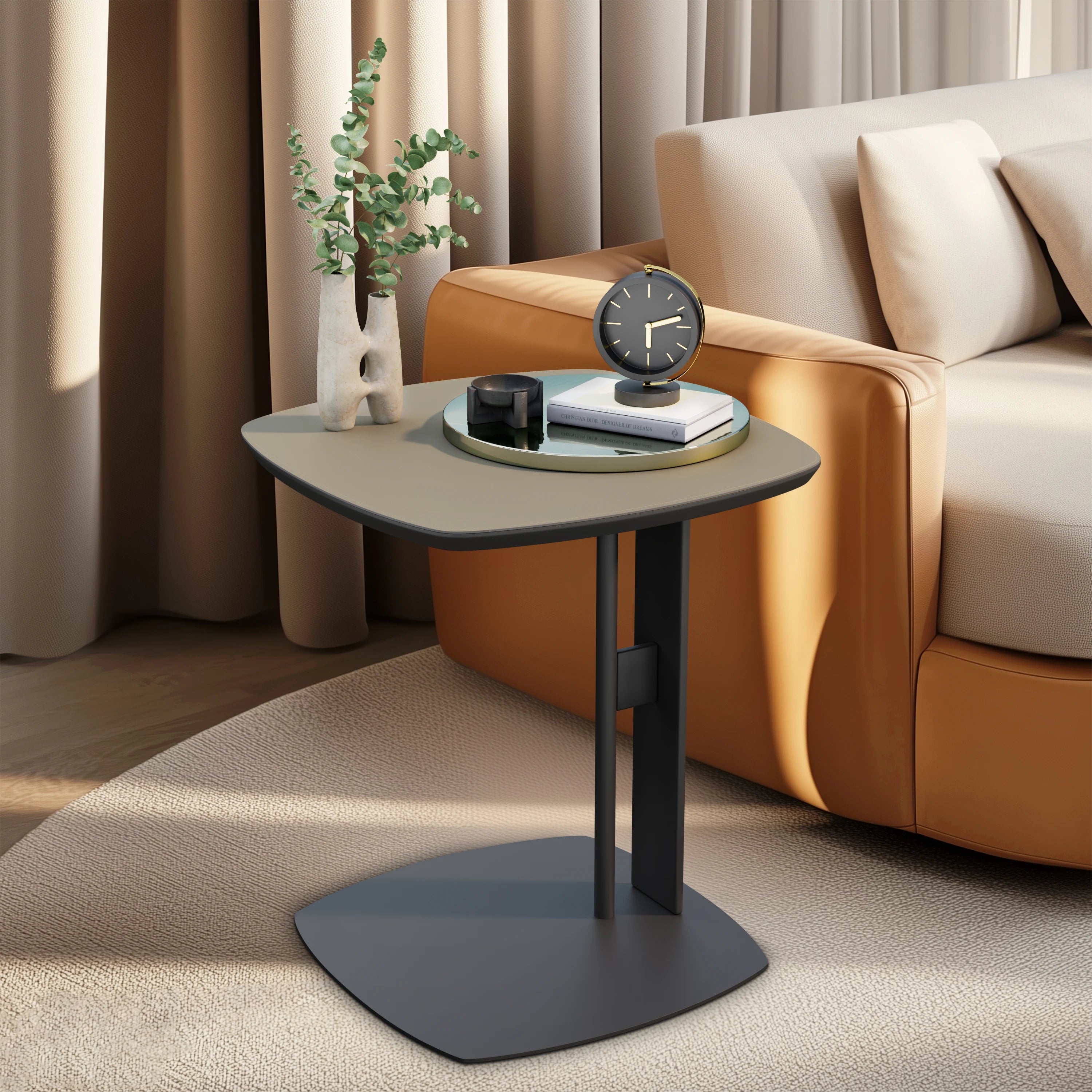 C-Shaped Side Table with Saddle Leather Top