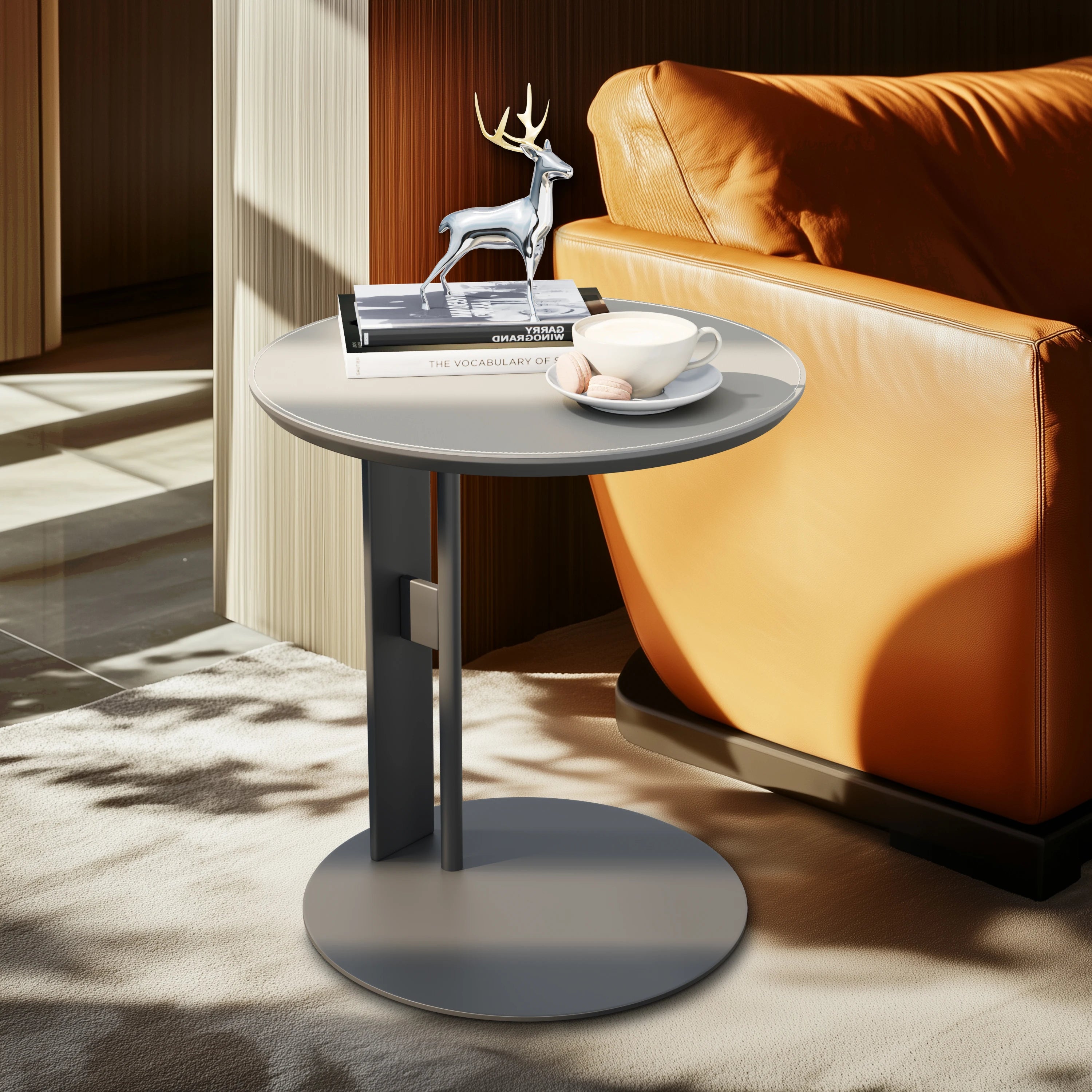 C-Shaped Side Table with Saddle Leather Top