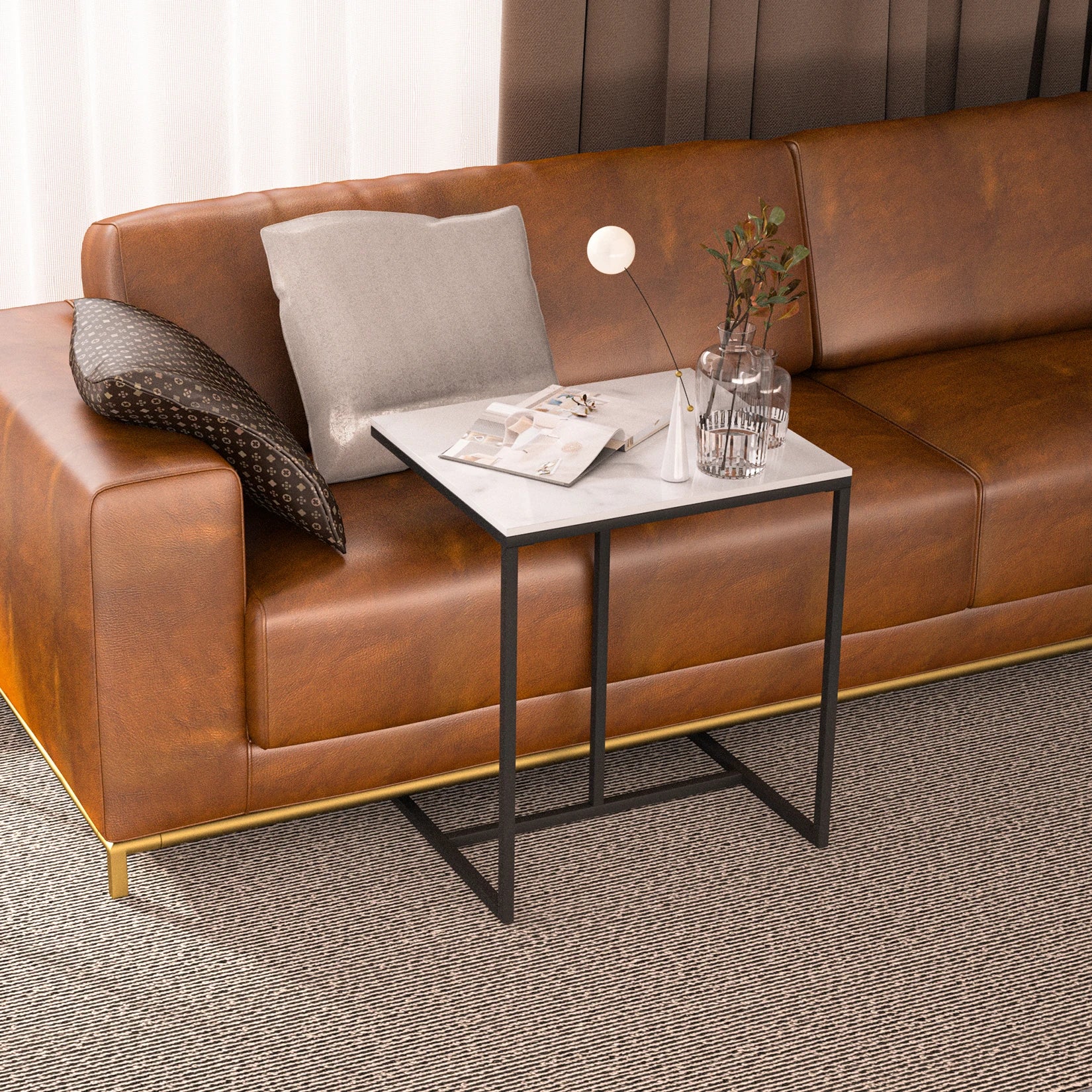 Modern C-Shaped Sofa Side Table with Durable Sintered Stone Top - Black & White Accent Table