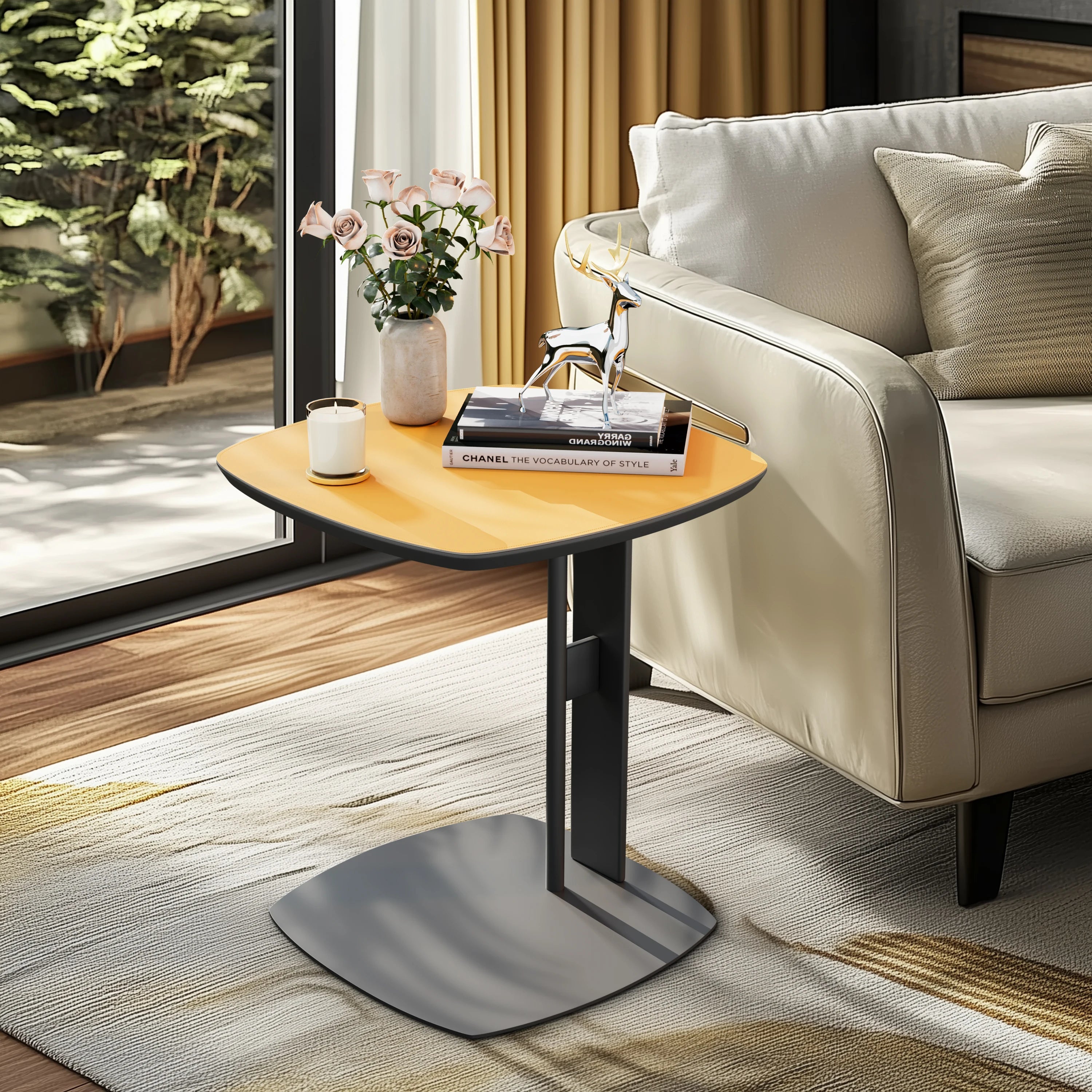 C-Shaped Side Table with Saddle Leather Top