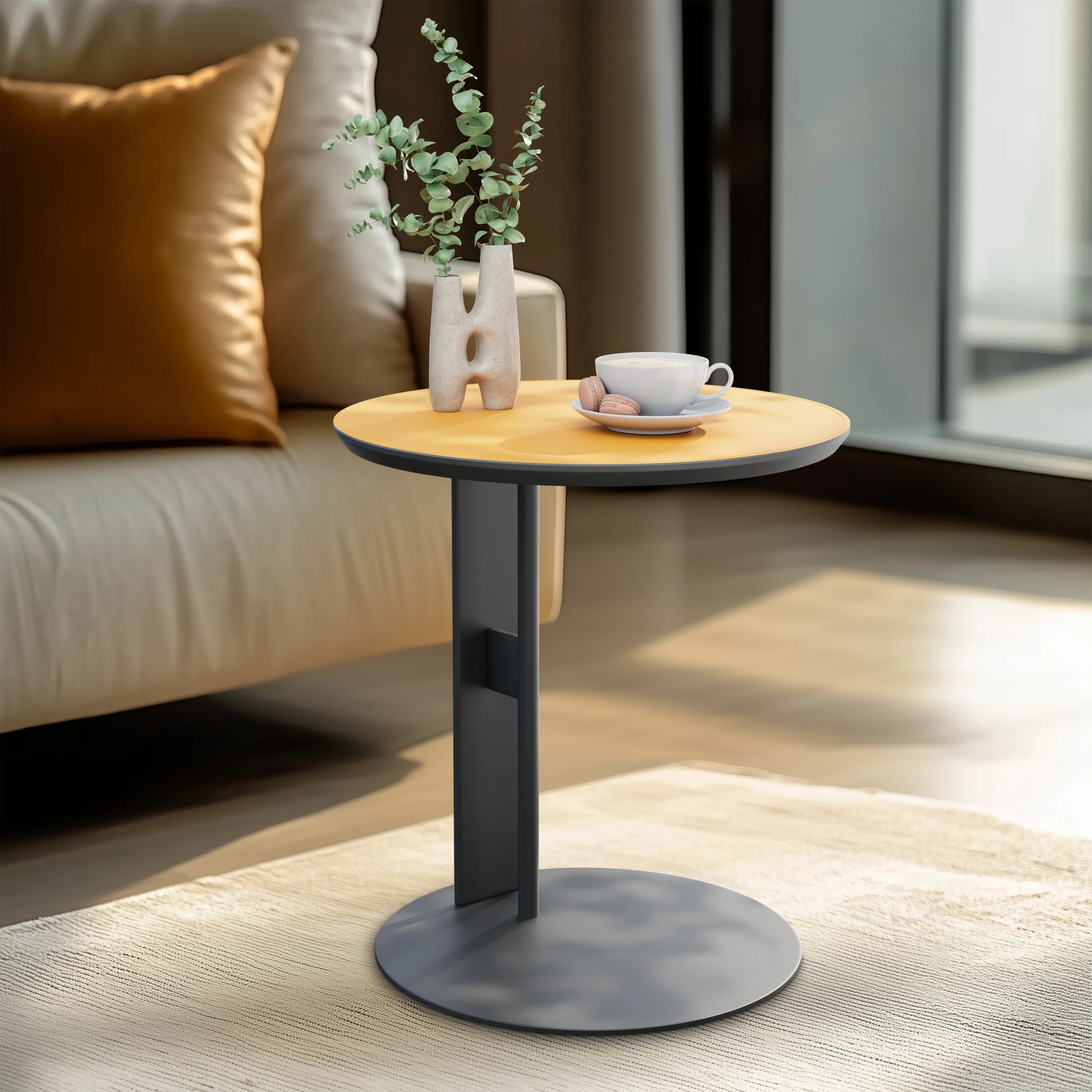 C-Shaped Side Table with Saddle Leather Top