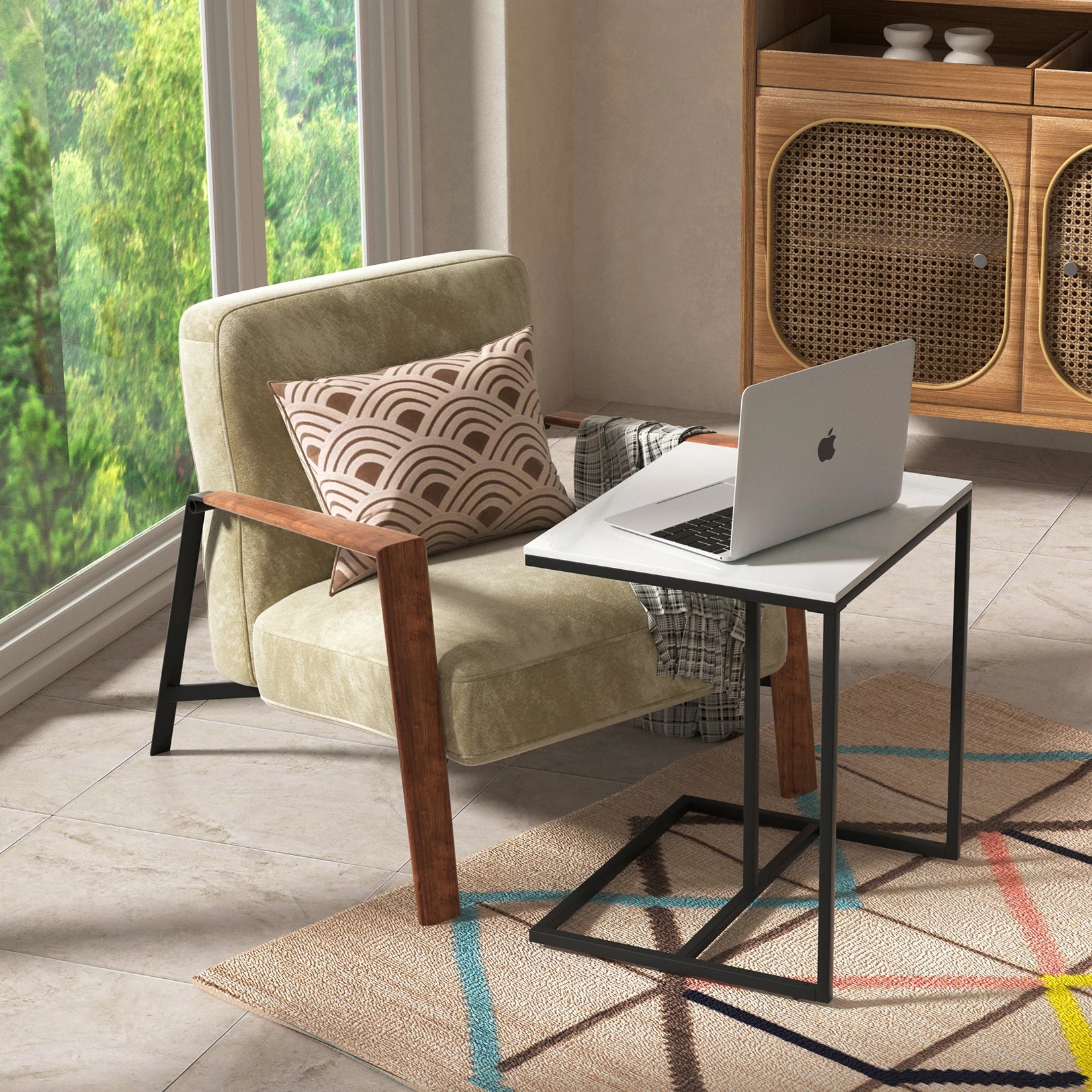 Modern C-Shaped Sofa Side Table with Durable Sintered Stone Top - Black & White Accent Table